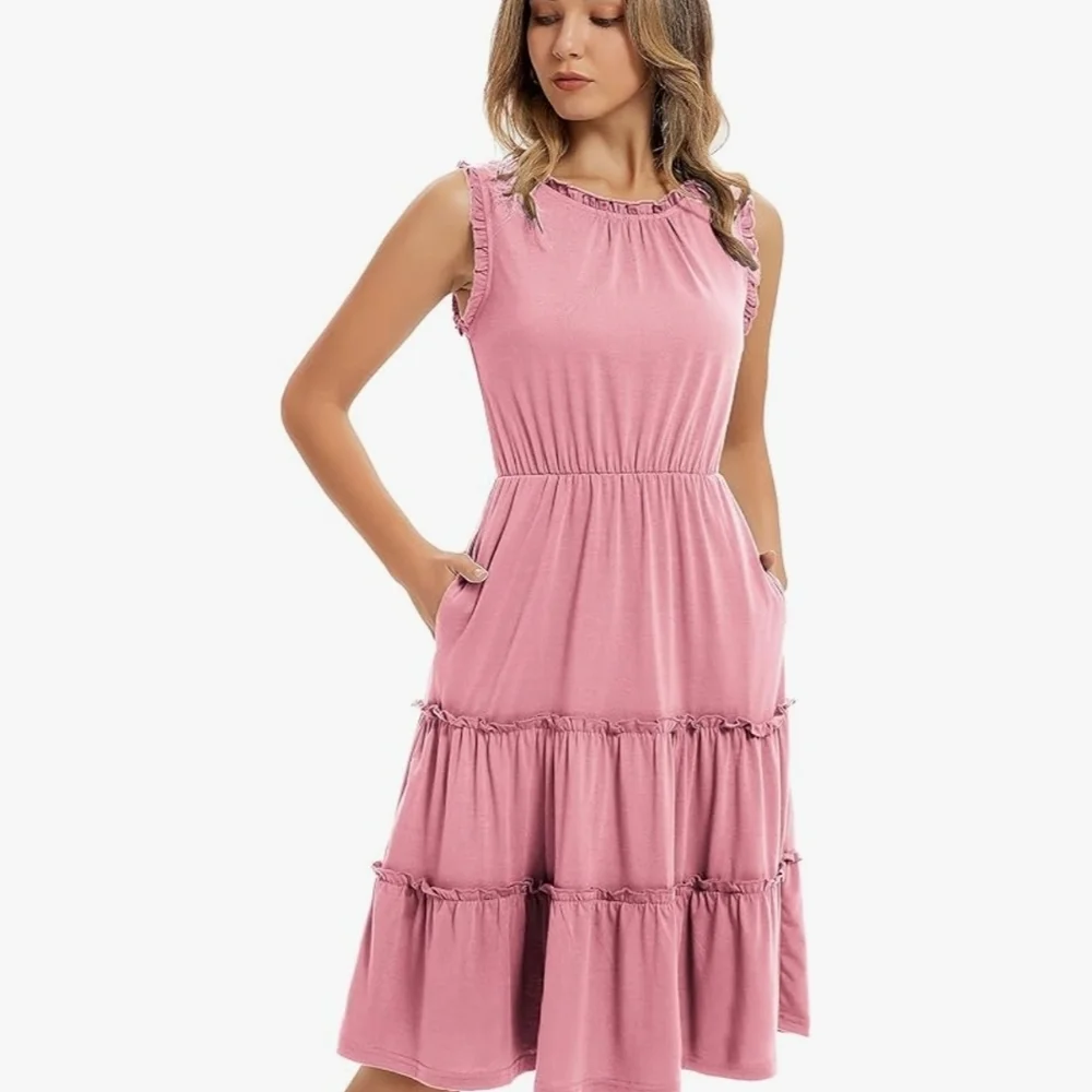 Chic Pink Ruffle Midi Dress - Picture 1 of 2